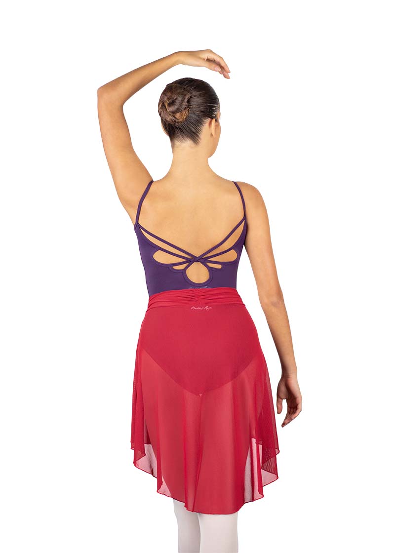 Ballet Rosa women's Millie mesh pull-on high-low skirt in red with gathered waistband.