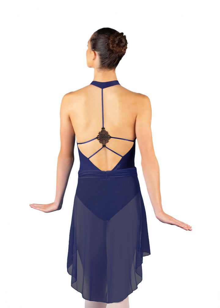 Ballet Rosa women's Millie mesh pull-on high-low skirt in navy blue with gathered waistband.