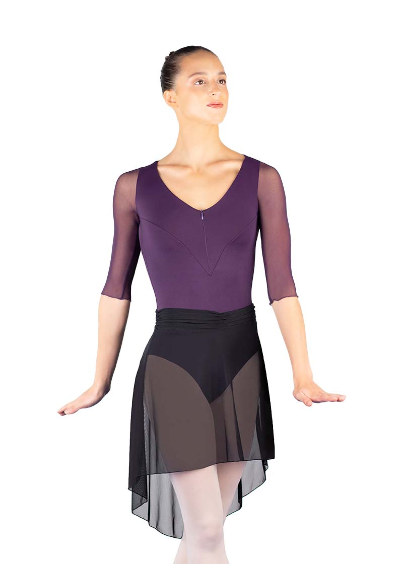 Ballet Rosa women's Millie mesh pull-on high-low skirt in black with gathered waistband.