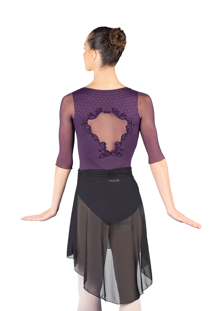 Ballet Rosa women's Millie mesh pull-on high-low skirt in black with gathered waistband.