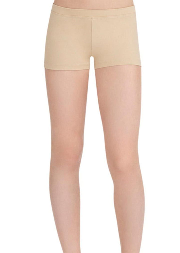 Capezio TB113C-NUD Girls' Team Basics Boy-Cut Low-Rise Shorts in Nude (a light tan skin tone color)