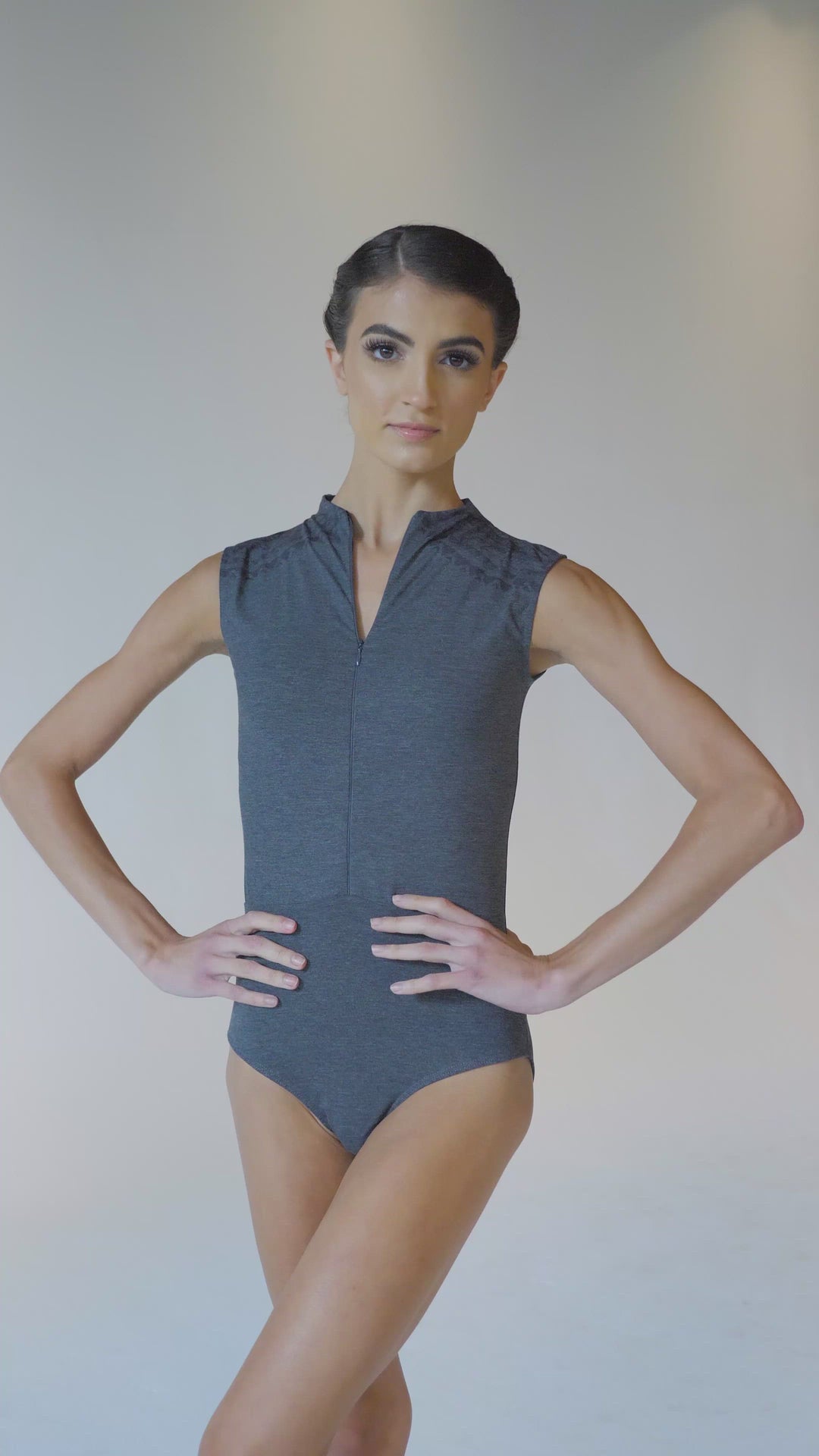 ON SALE Taylor Zip Front High Neck Leotard (Gris Melange)