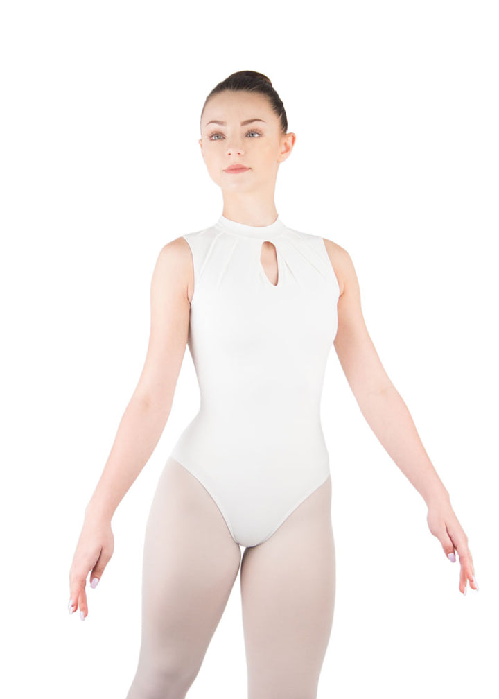 Ballet Rosa women's Celestine high neck leotard in white with pleated neckline and keyhole front.