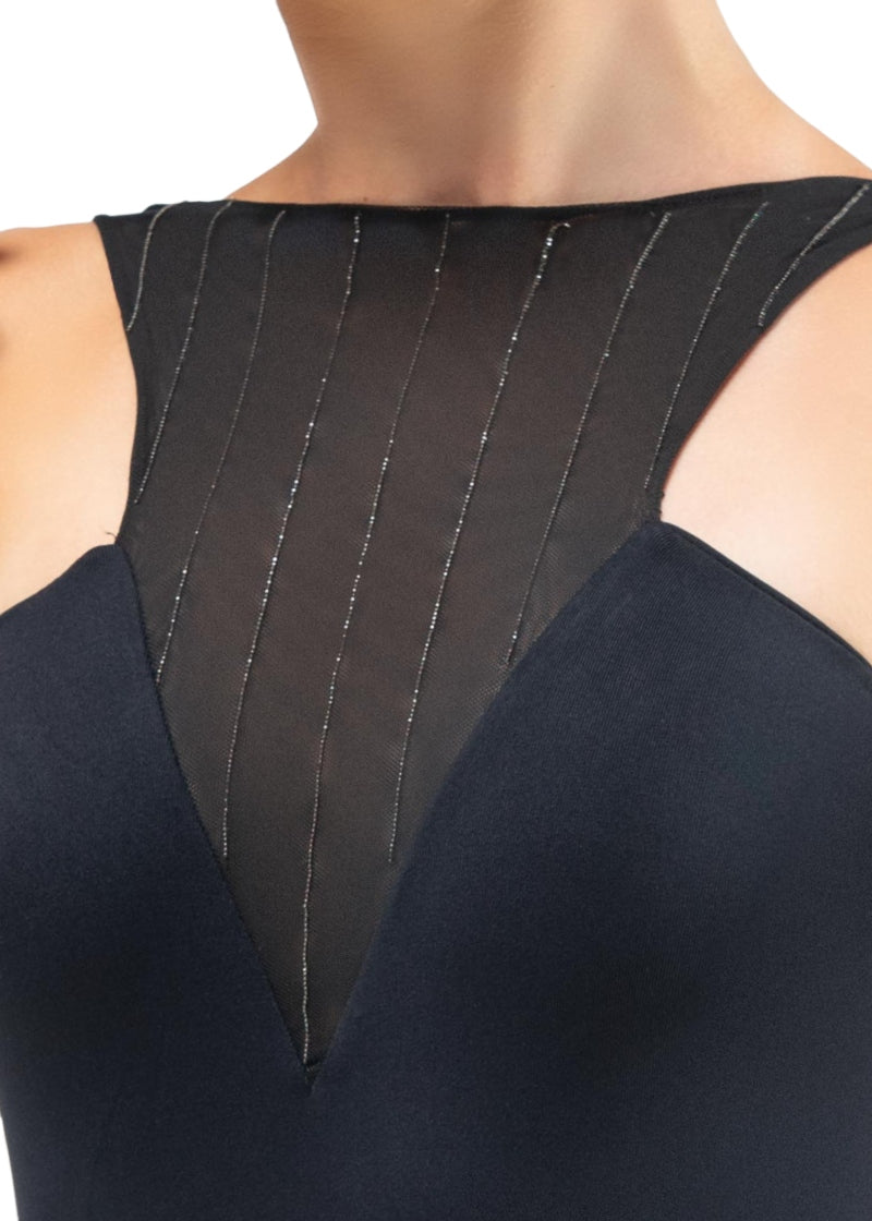 Pinstripe triangle neckline on Ballet Rosa women's Clemence tank leotard in black.