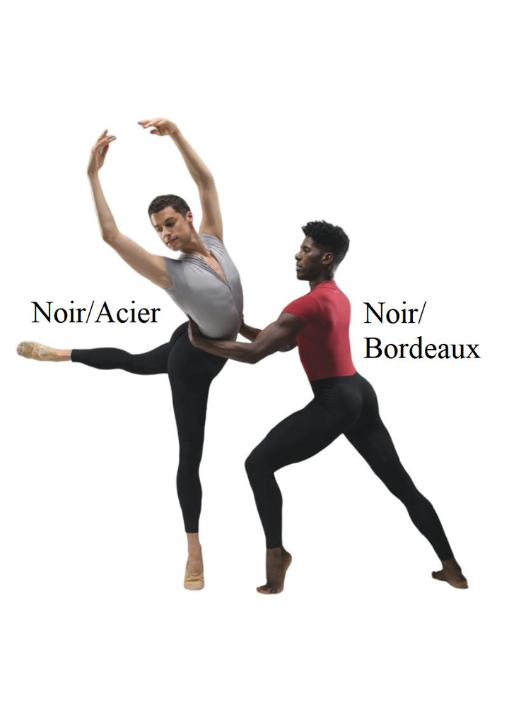 Two Ballet Rosa men's Conrad unitards with black legs. One bodice is grey, one is red. With short sleeves and zip front.