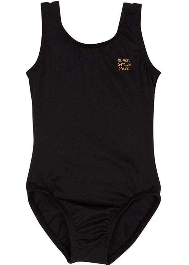 Ballet Rosa black tank leotard with custom studio logo