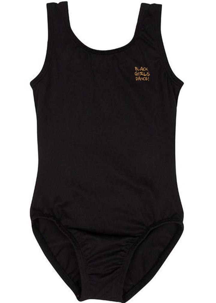 Ballet Rosa black tank leotard with custom studio logo