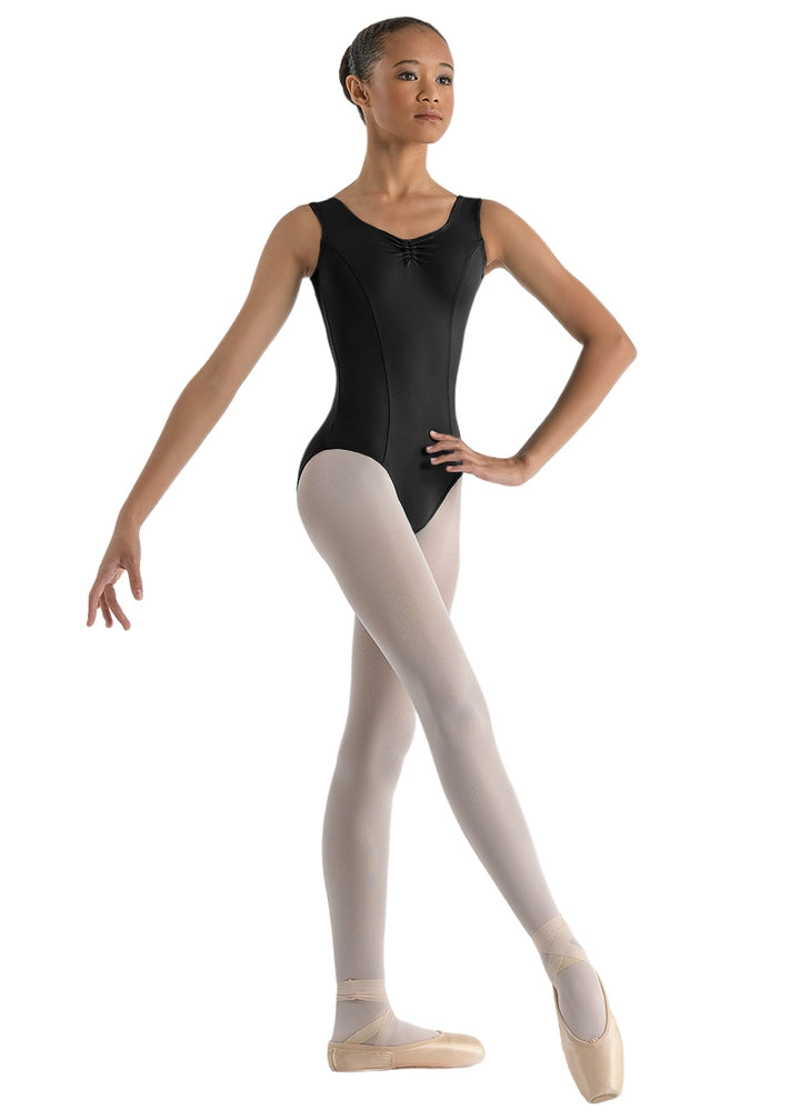 Ballet Rosa black tank leotard with pinch neckline and princess seams