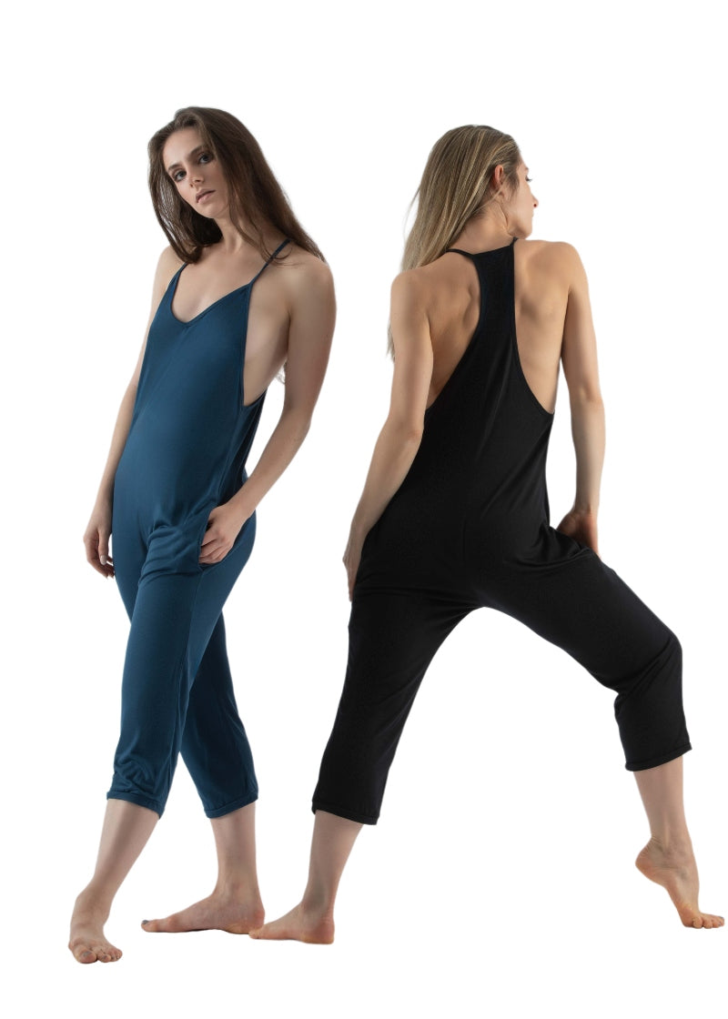 Ballet Rosa women's Kaiko capri length romper in blue and black with camisole straps and racerback.