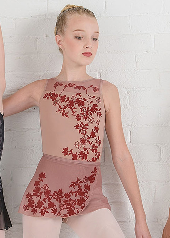 Ballet Rosa girls' Leonie wrap skirt in tan with red floral flocking.