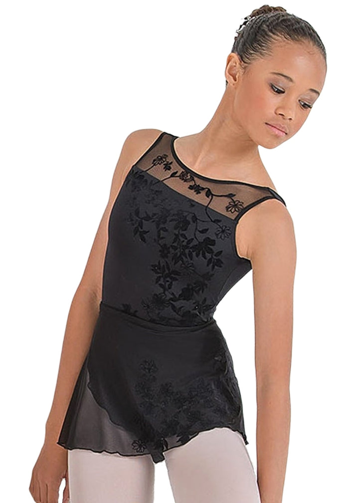 Ballet Rosa girls' Leonie wrap skirt in black with black floral flocking.