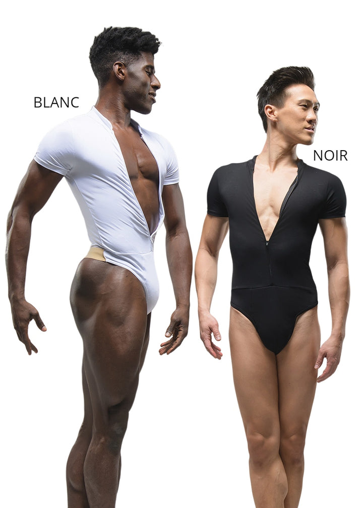 Ballet Rosa mens zip front shirt with attached thong dance belt in white and black