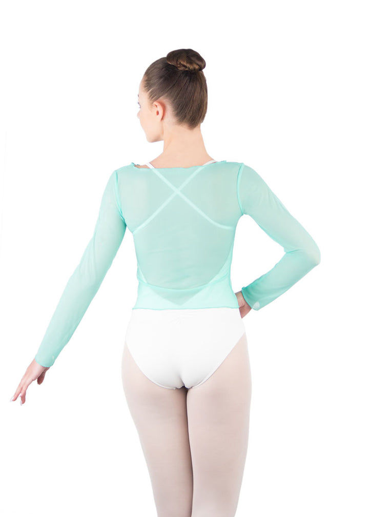 Ballet Rosa women's Natasha mesh long sleeve top in light blueish green with boat neckline.