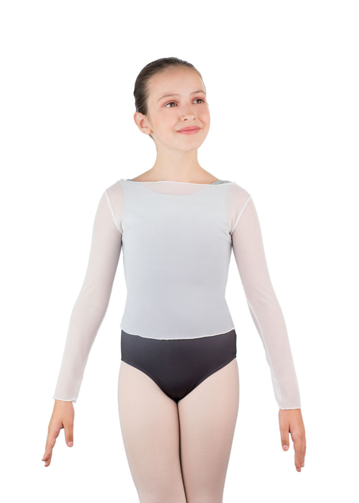 Ballet Rosa women's Natasha mesh long sleeve top in white with boat neckline.