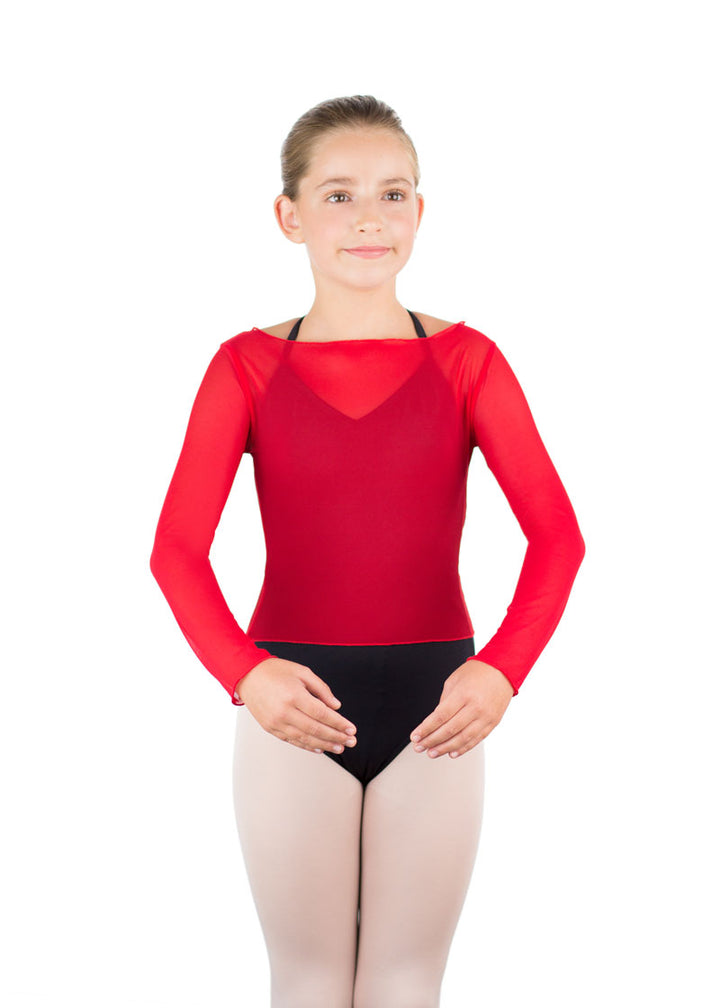 Ballet Rosa women's Natasha mesh long sleeve top in bright red with boat neckline.