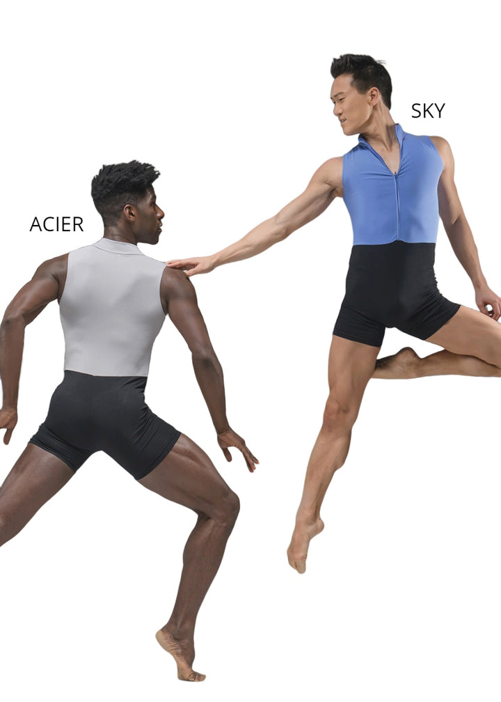 Ballet Rosa men's zip front tank biketard in gray and light blue with black lower half