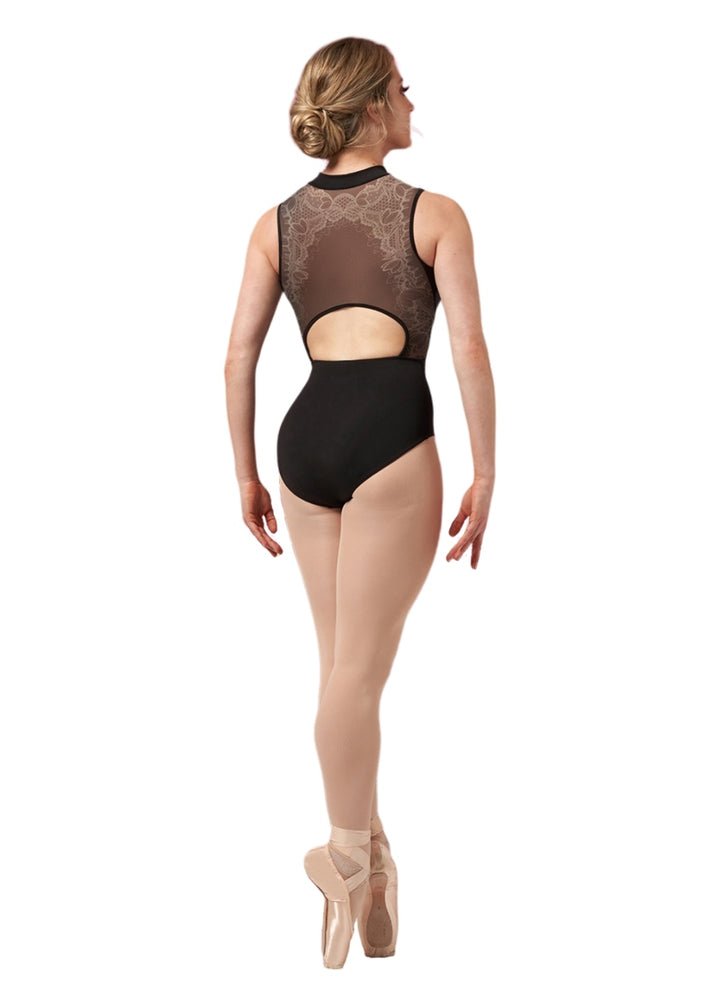 ON SALE Lace Print Mesh Back Zip Front Leotard (Black)