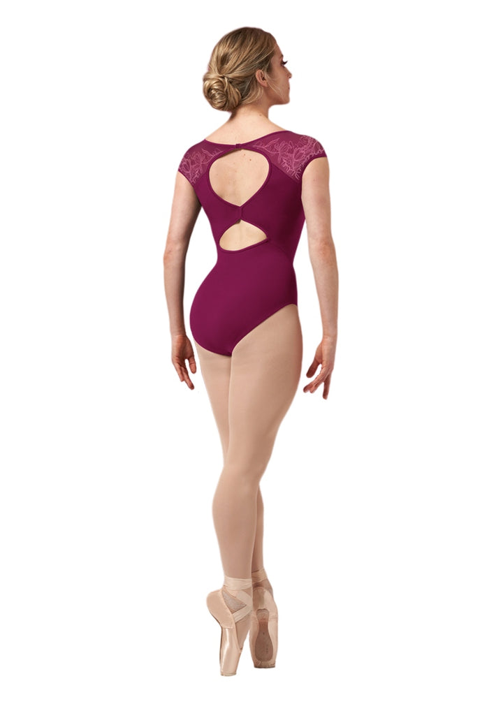 ON SALE Lace Print Mesh Cap Sleeve Leotard (Cherry Pink)