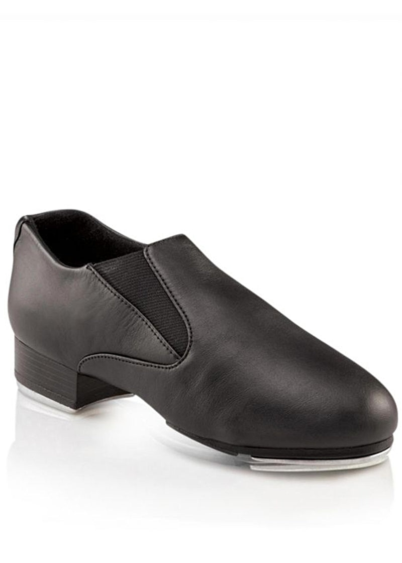 Capezio CG18 Riff Slip-On Split-Sole Leather Tap Shoe in Black with side gore inserts and TeleTone taps