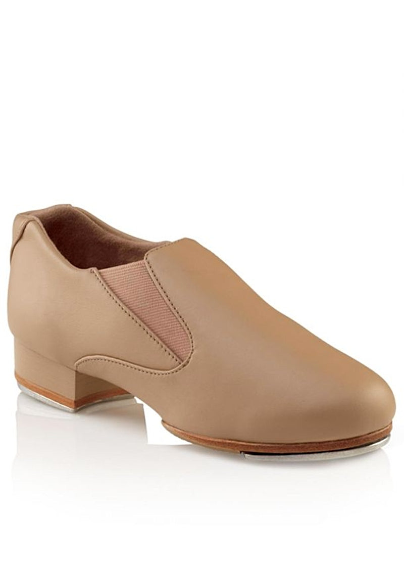 Capezio CG18 Riff Slip-On Split-Sole Leather Tap Shoe in Caramel with side gore inserts and TeleTone taps