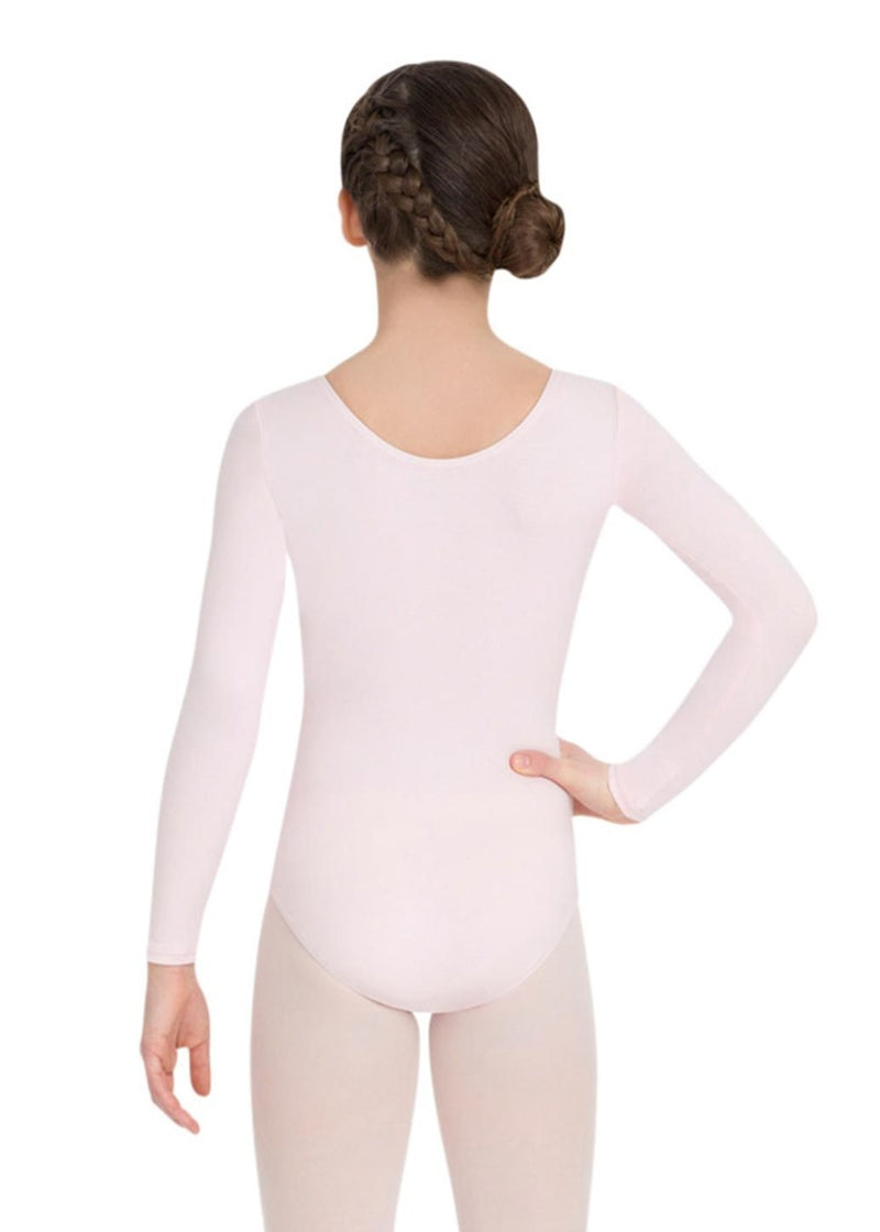 CC450C-PNK Capezio Classics Cotton Scoop Back Youth Long Sleeve Leotard in Pink (a light shade of pink)
