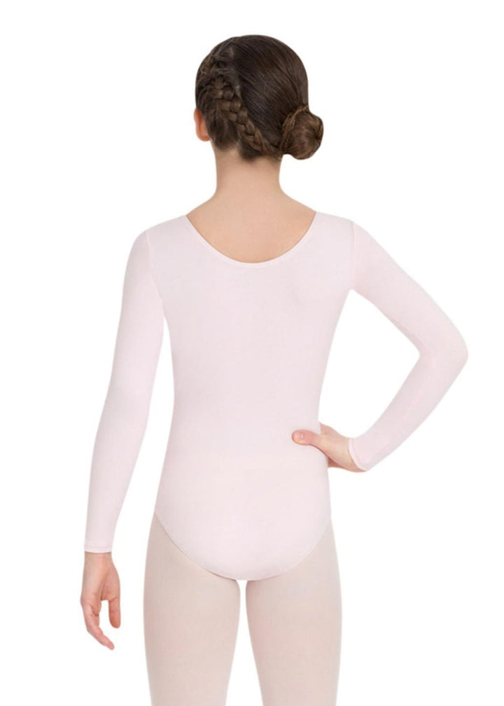 CC450C-PNK Capezio Classics Cotton Scoop Back Youth Long Sleeve Leotard in Pink (a light shade of pink)