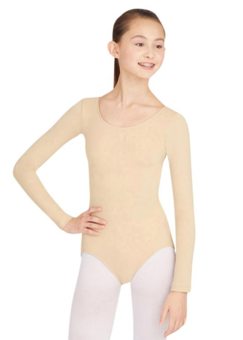 Capezio TB135-NUD Team Basics Long Sleeve Leotard in Nude (a light tan skin tone color)