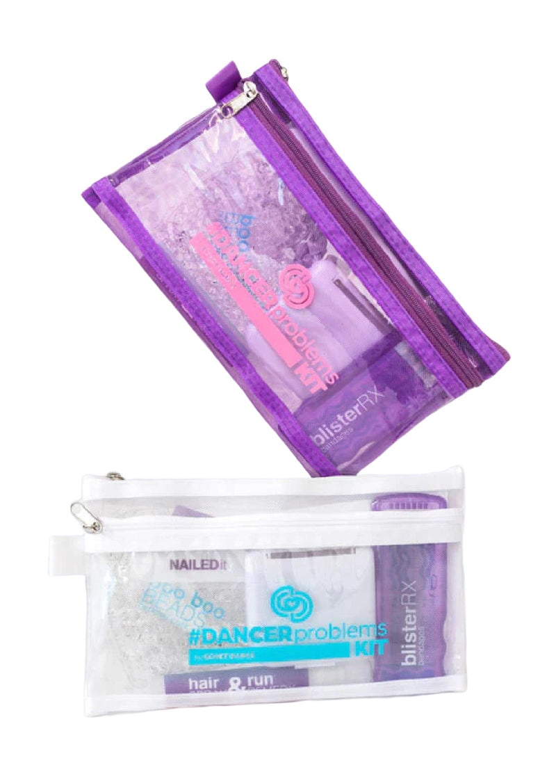 One purple and one white mesh zipper pouch with personal care items inside.
