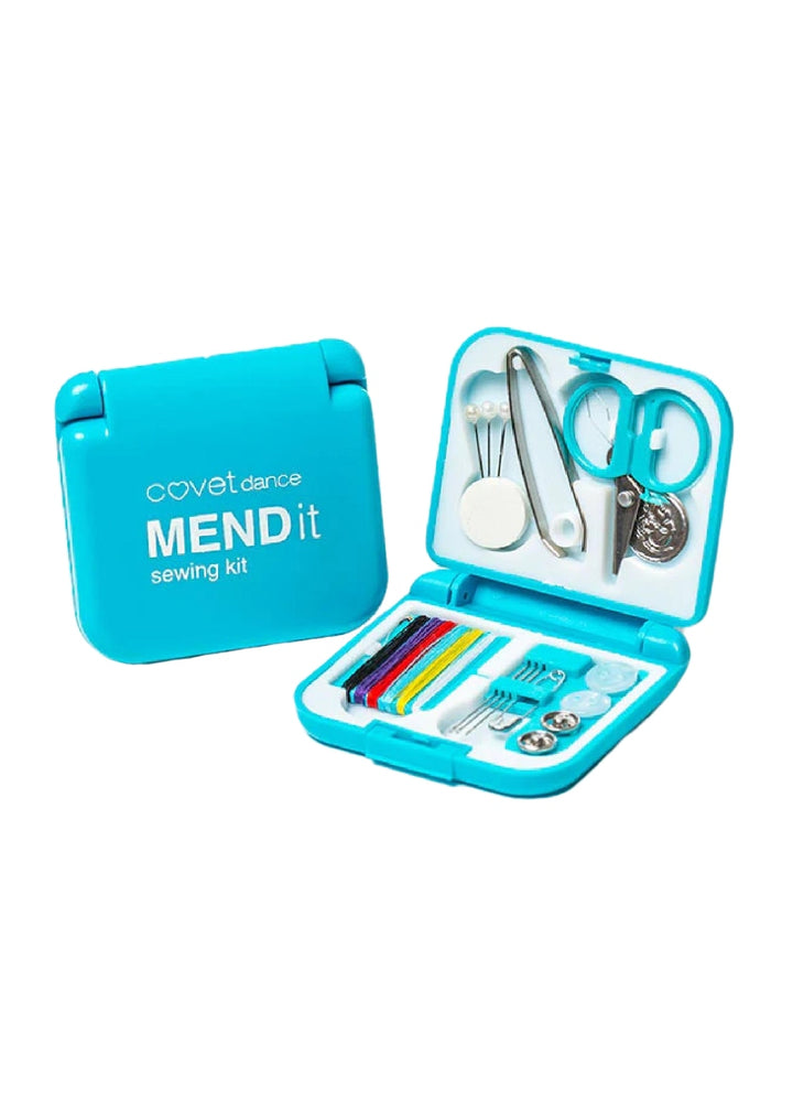Blue sewing kit with needles, several colors of thread, pins, small scissors, tweezers, needle threader, safety pin, and buttons.