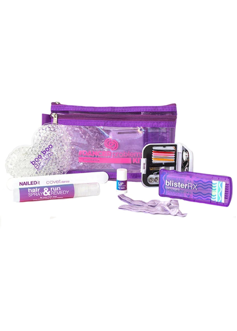 Purple zipper pouch with white heart shaped heat/ice pack, nail file, hairspray, blister kit, sewing kit, and hair ties.