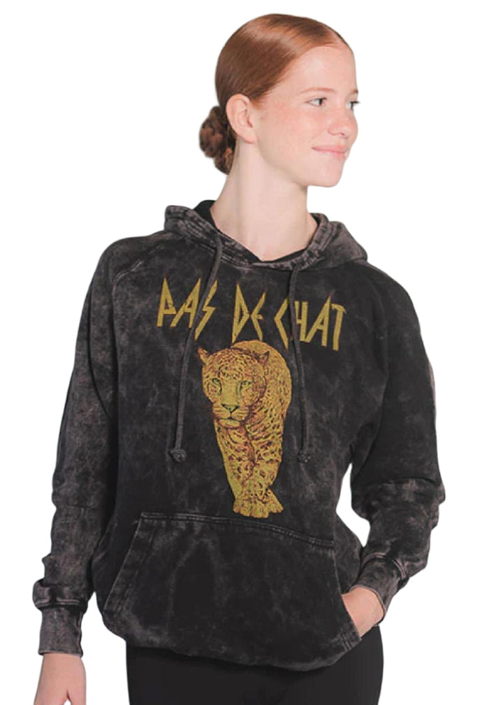 Covet Dance distressed dark grey hoodie with "Pas de Chat" text and picture of cheetah on front.