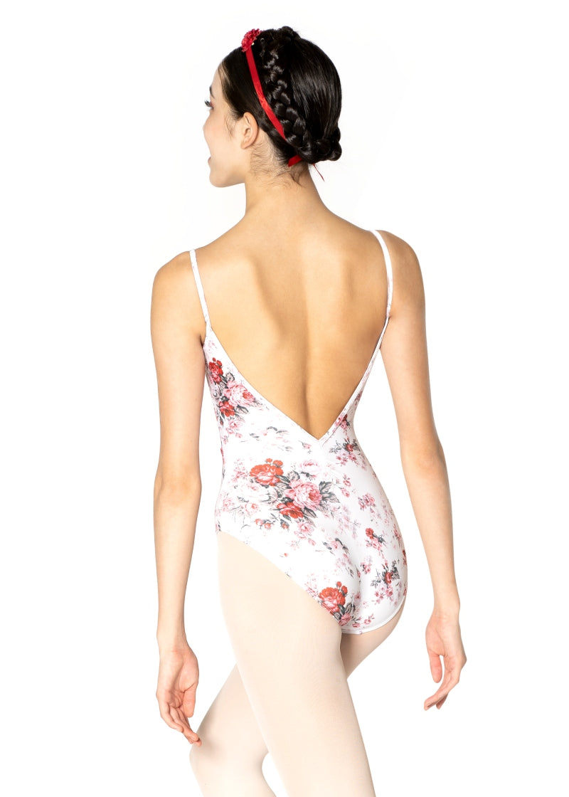 Danse De Paris Jardin camisole leotard with red rose pattern, open V back