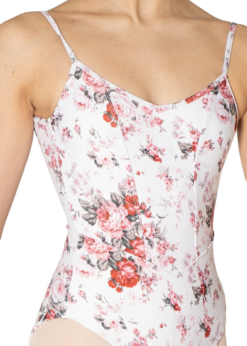 Danse De Paris Jardin camisole leotard with red rose pattern, V neckline, and princess seams