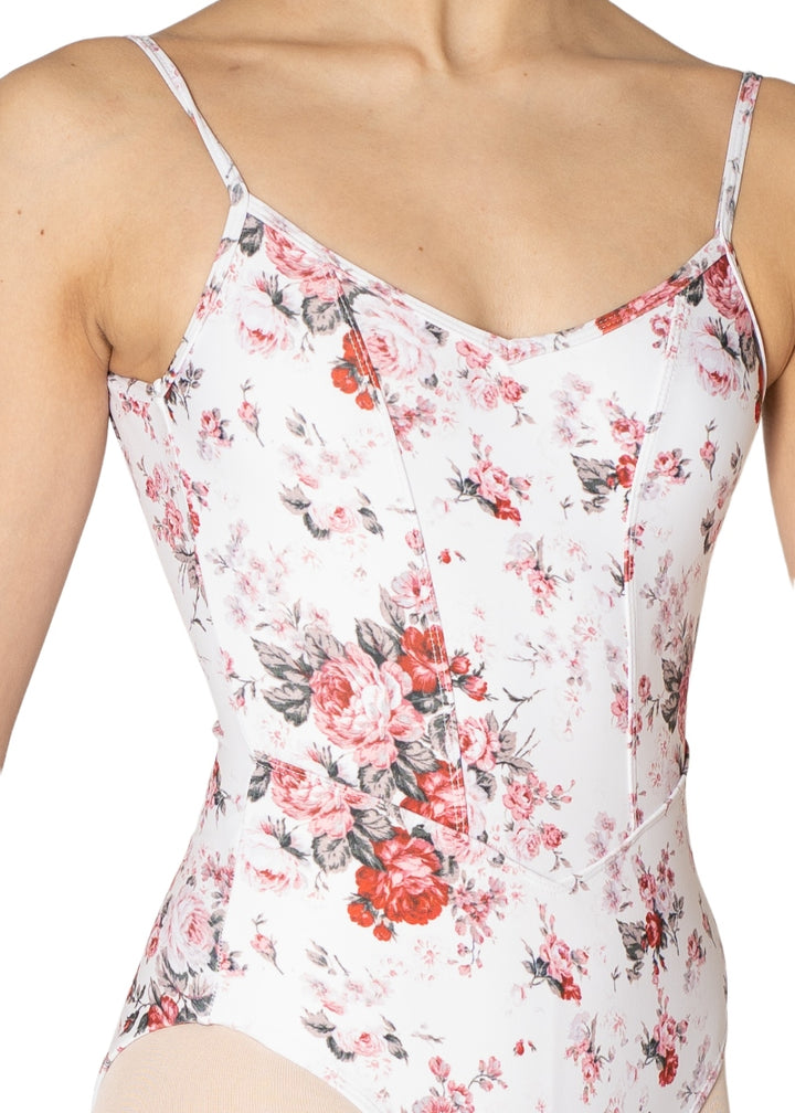 Danse De Paris Jardin camisole leotard with red rose pattern, V neckline, and princess seams