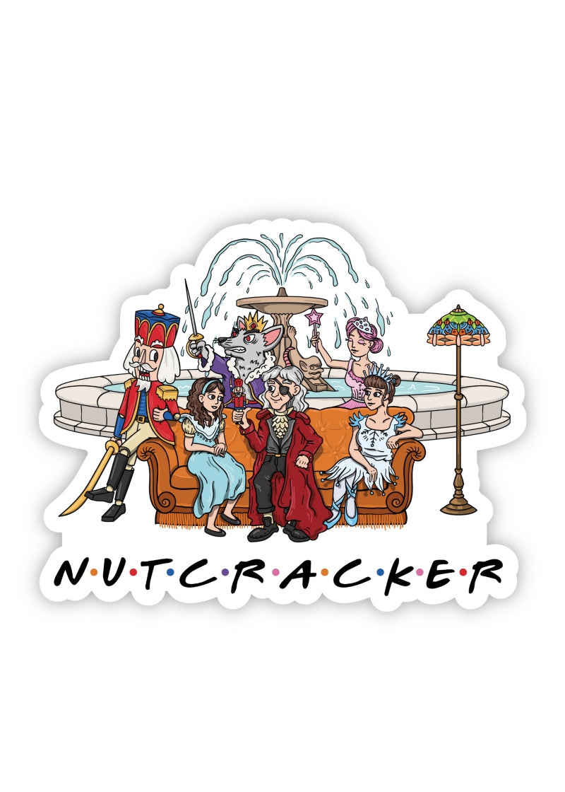 Nutcracker characters posed like the characters from Friends in front of fountain.