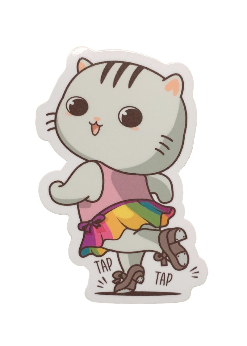 Tap dancing kitty wearing rainbow skirt.