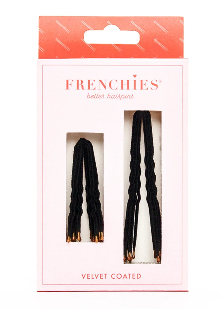 A package of velvet-flocked Frenchies Hair Pins in Black