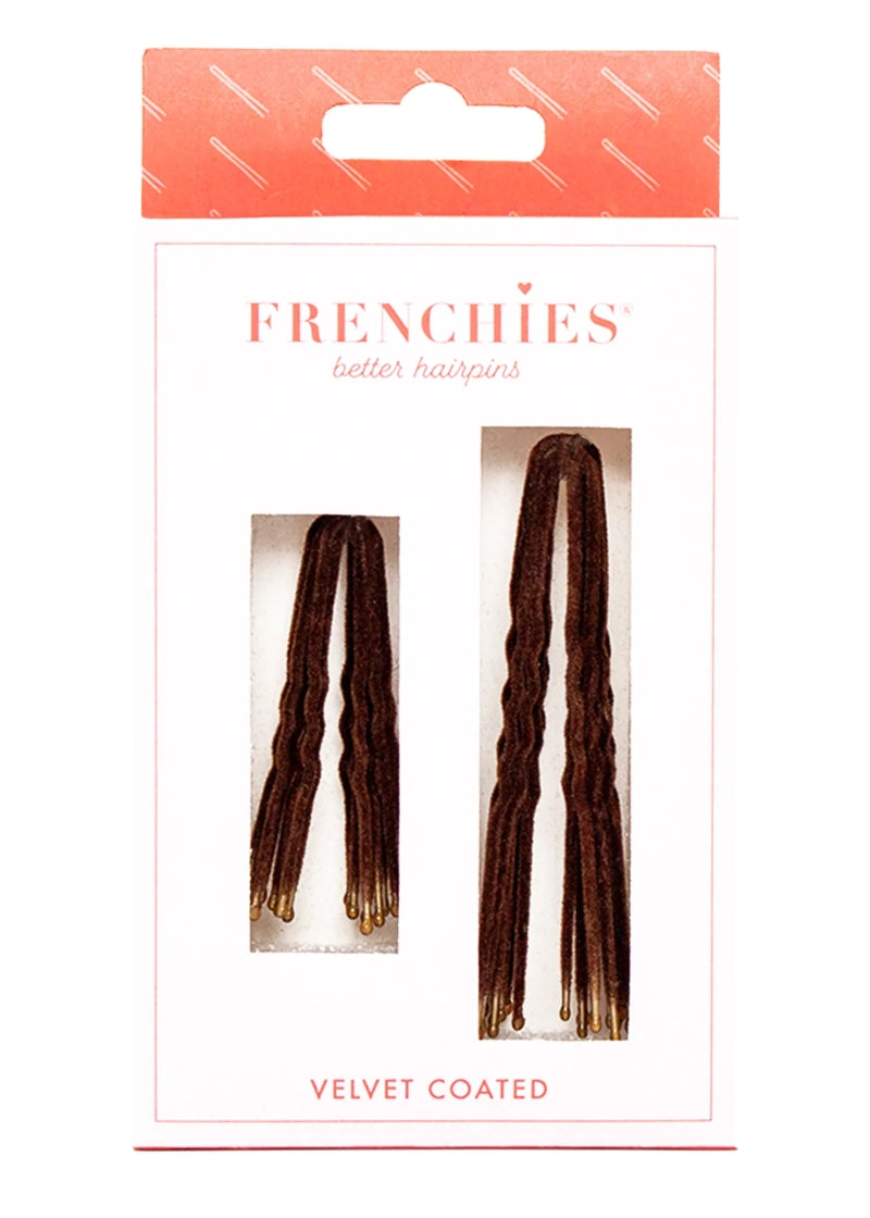 A package of velvet-flocked Frenchies Hair Pins in Brown