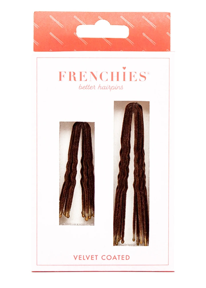 A package of velvet-flocked Frenchies Hair Pins in Brown