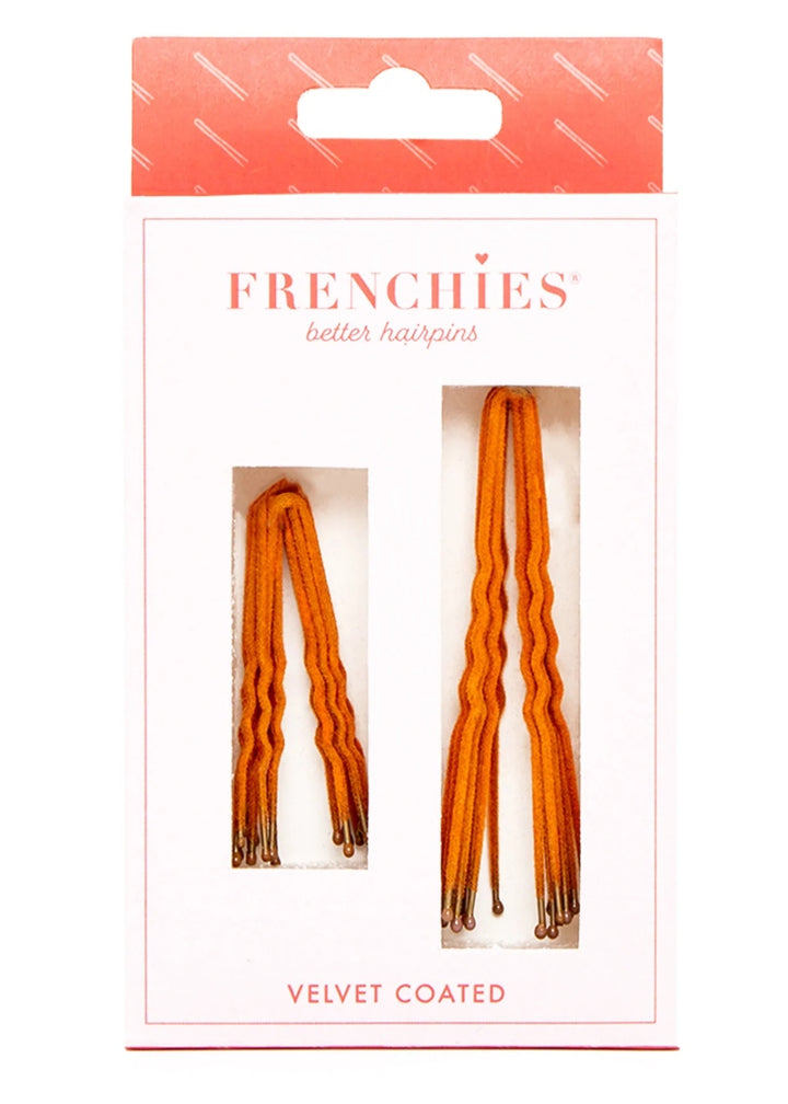 A package of velvet-flocked Frenchies Hair Pins in Red, ideal for those with ginger hair