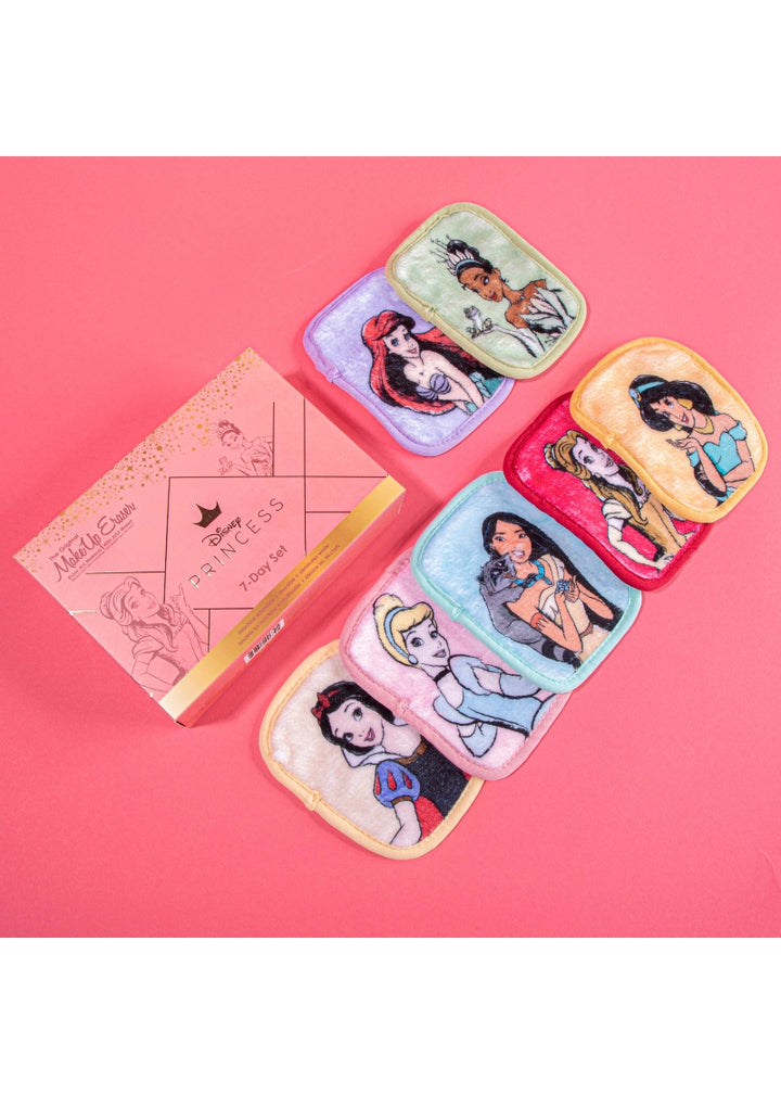 MakeUp Eraser Ultimate Disney Princess Seven Day Set featuring mini makeup erasers with on of each princess: Ariel, Belle, Cinderella, Jasmine, Pocahontas, Snow White, and Tiana, in a beautiful pink and gold gift box
