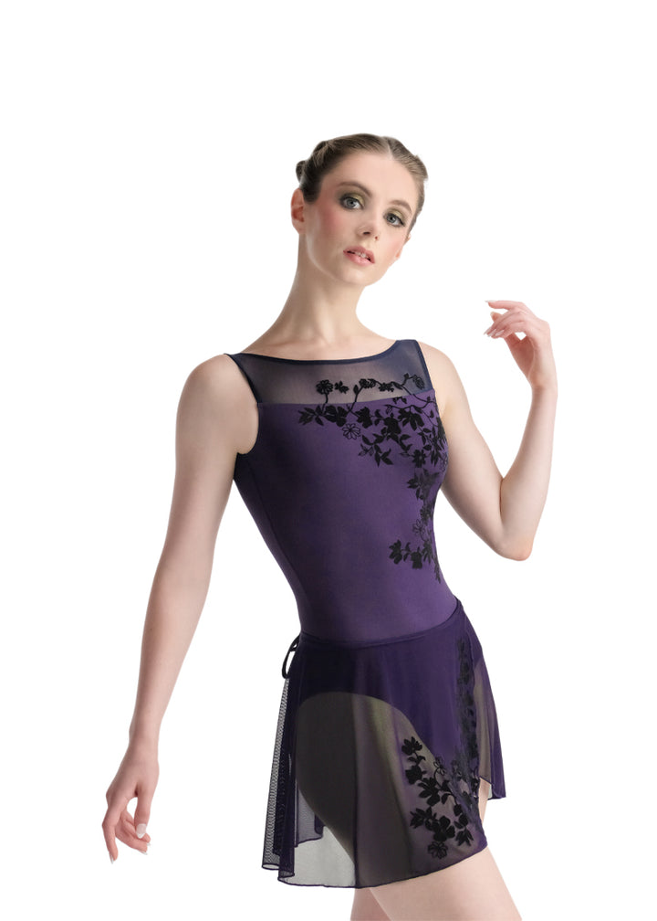 Ballet Rosa girls' Leonie wrap skirt in purple with black floral flocking.