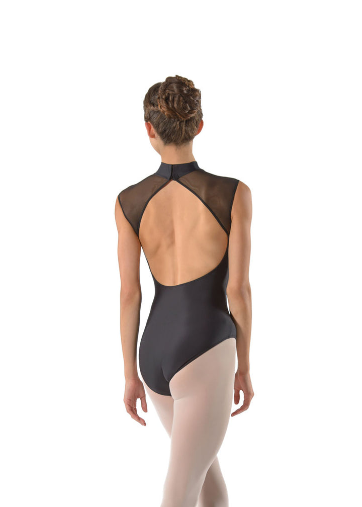 Ballet Rosa women's Anita high neck leotard in black with mesh panels and open back.