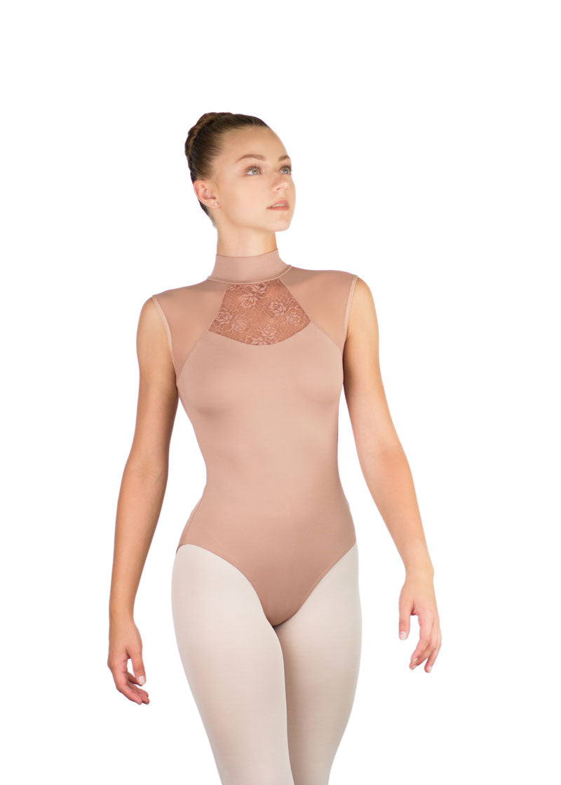 Ballet Rosa women's Anita high neck tank leotard in tan with mesh lace neckline.