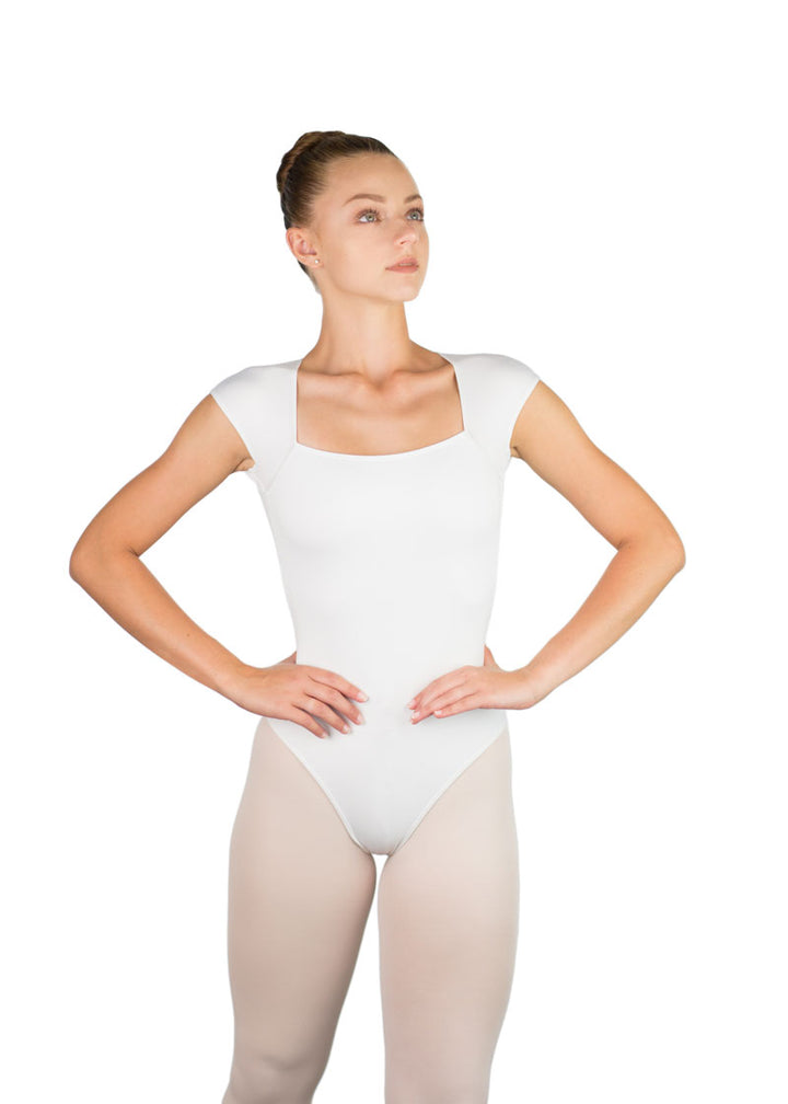 Ballet Rosa women's Antonella cap sleeve leotard in white.
