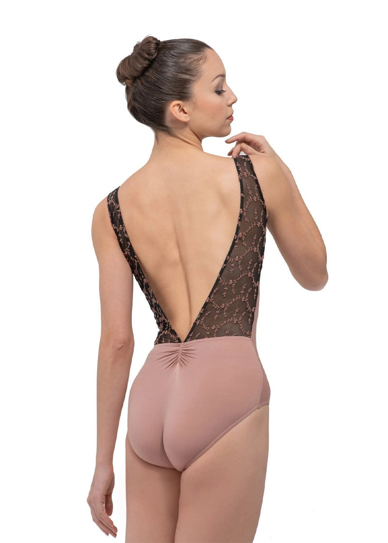 Ballet Rosa women's Antonia tank leotard in tan with black mesh panels, tan embroidery, and low pinch back.