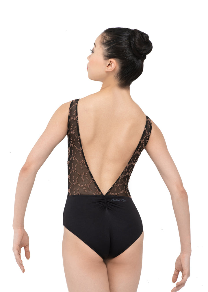 Ballet Rosa women's Antonia tank leotard in black with black mesh panels, tan embroidery, and low pinch back.