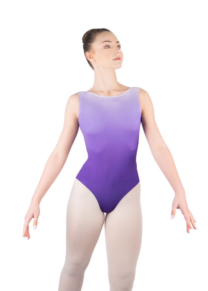Ballet Rosa girls' Anya tank leotard in purple to white ombre from bottom to top with boat neckline.