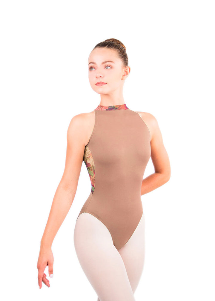 Ballet Rosa women's Avery high neck leotard in tan with floral mesh neckline.