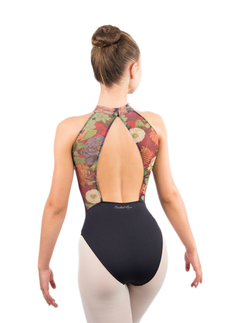 Ballet Rosa women's Avery high neck leotard in black with floral mesh panels over an open back.